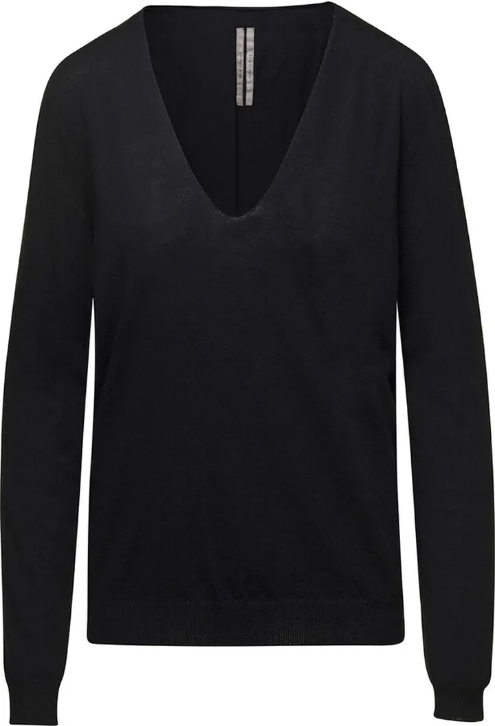 Loose Black V Neck Top In Light Wool Woman