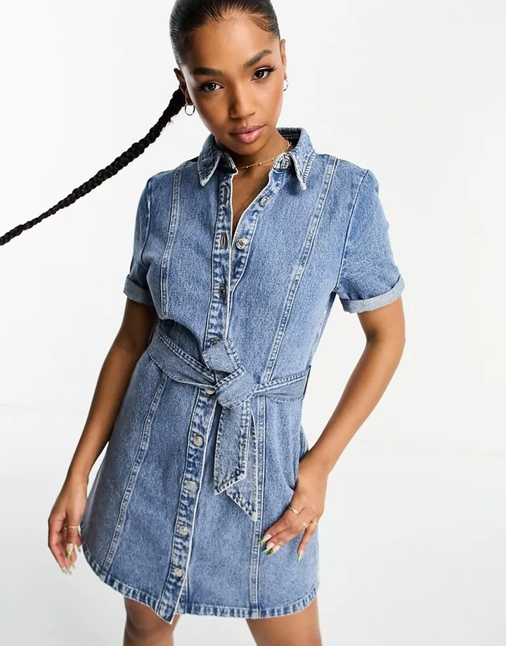 Stradivarius short sleeve denim shirt dress in light blue