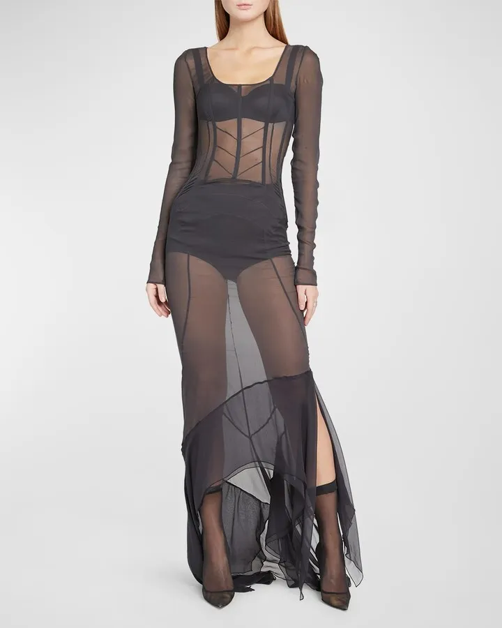 Long-Sleeve Sheer Corset Maxi Dress