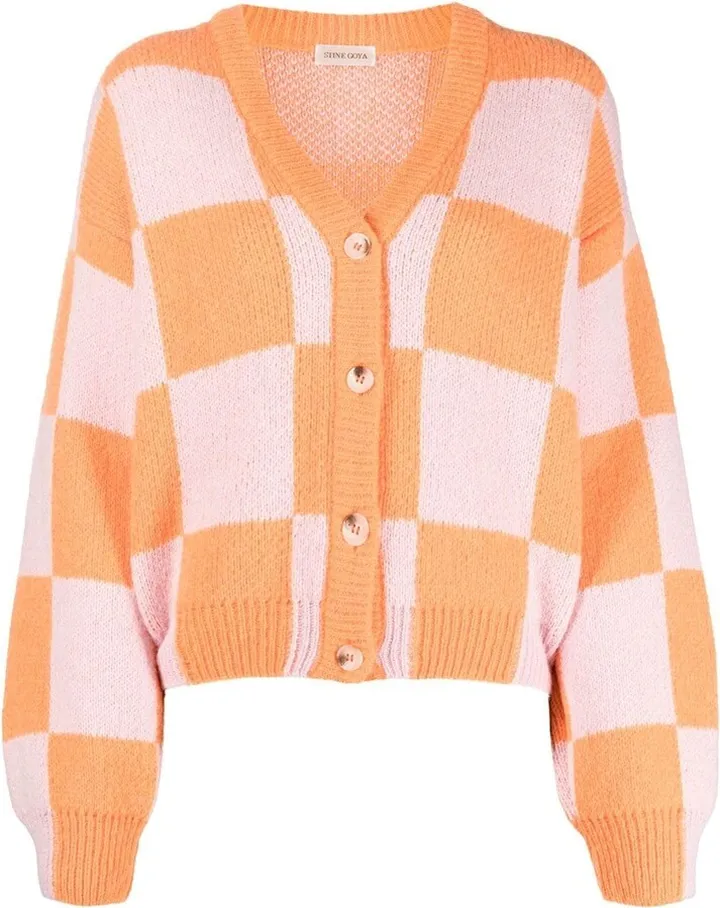checkerboard-knit V-neck cardigan