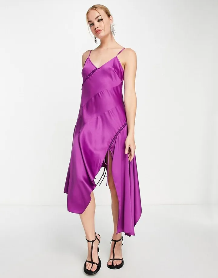 Topshop lace up satin midi slip dress in purple