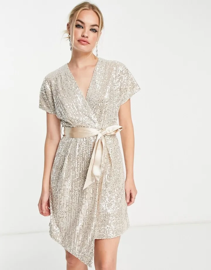 Closet London kimono wrap sequin mini dress in champagne