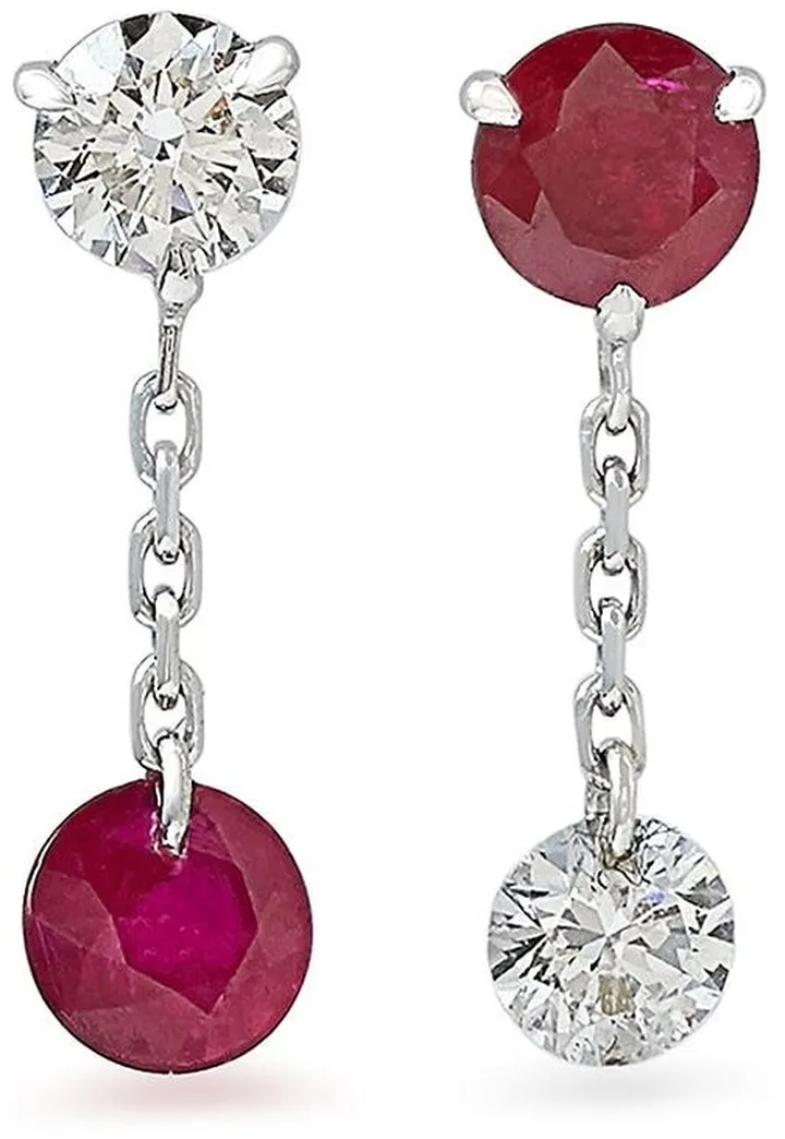 18kt White Gold Ruby Diamond Mismatch Drop Earrings