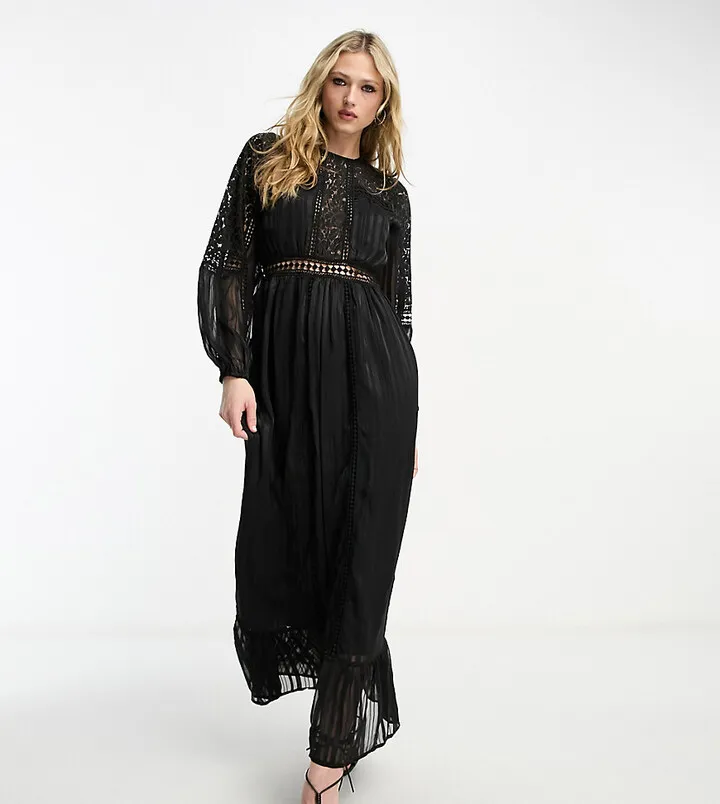 Reclaimed Vintage maxi satin dress with mixed scale lace in black
