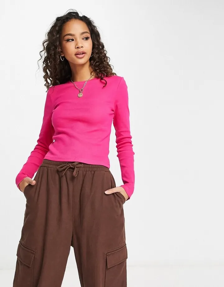 Pieces ribbed crop top in pink