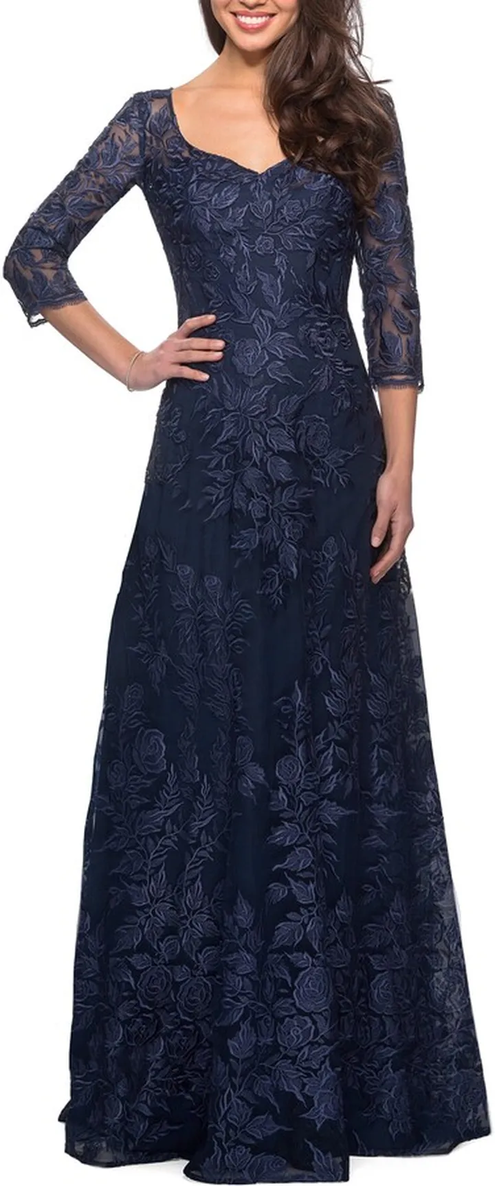Floral Embroidered Mesh A-Line Gown