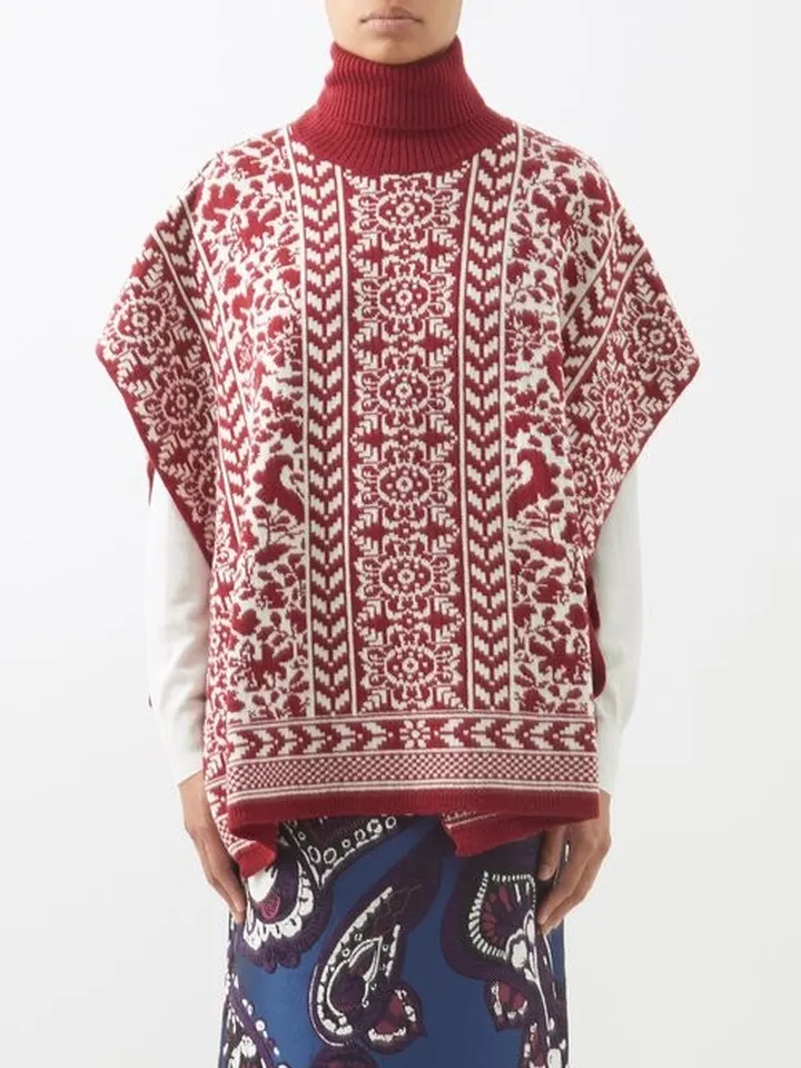 High-neck Floral-jacquard Wool Poncho