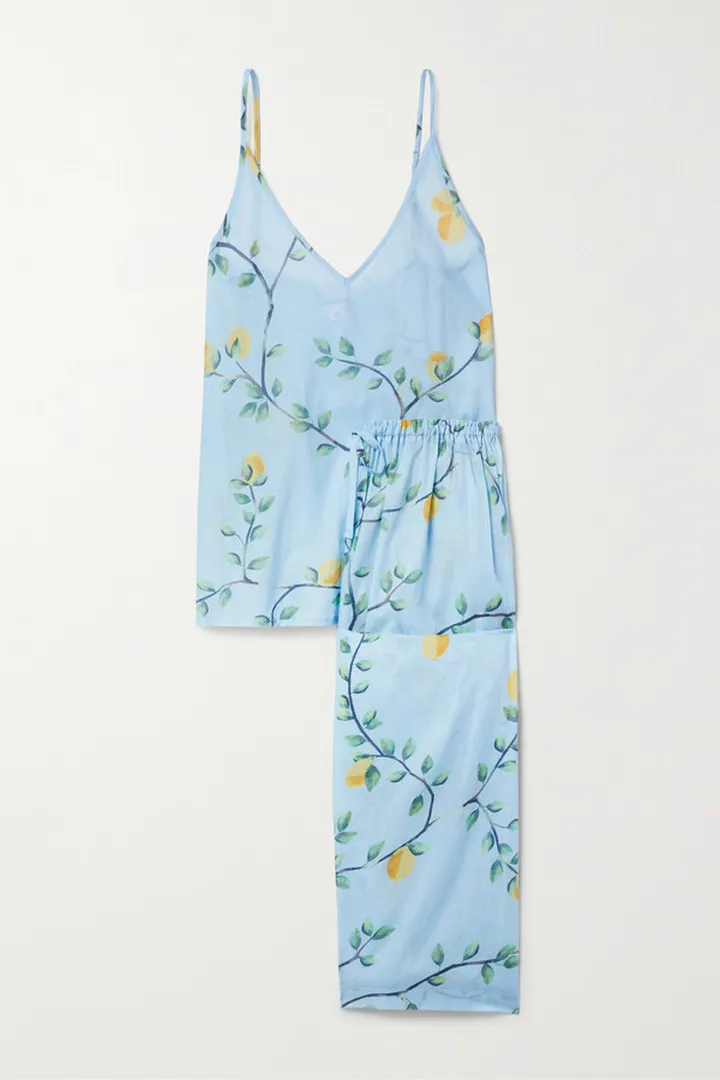 Pour Les Femmes - Printed Cotton-voile Pajama Set - Blue