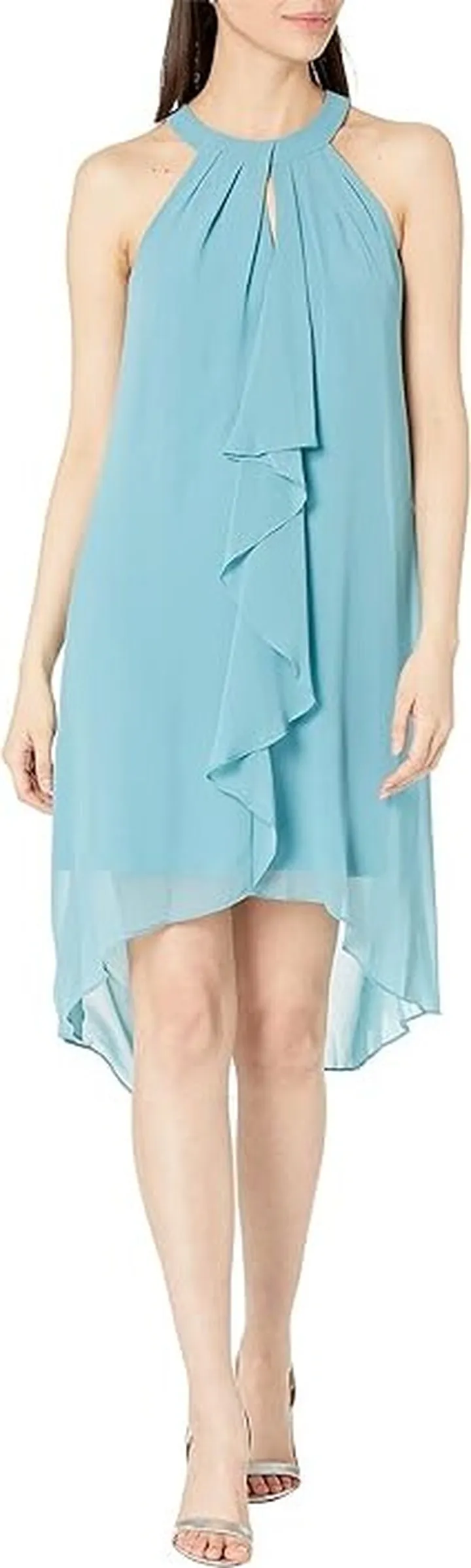 Adrianna Papell Stretch Jersey Halter Neck Dress with Chiffon Ruffle Overlay (Moody Aqua) Women's Dress
