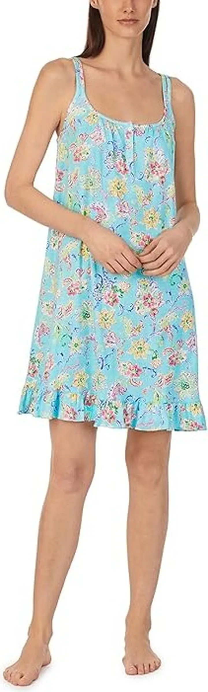 LAUREN Ralph Lauren Double Strap Ruffle Hem Gown (Aqua Floral) Women's Pajama