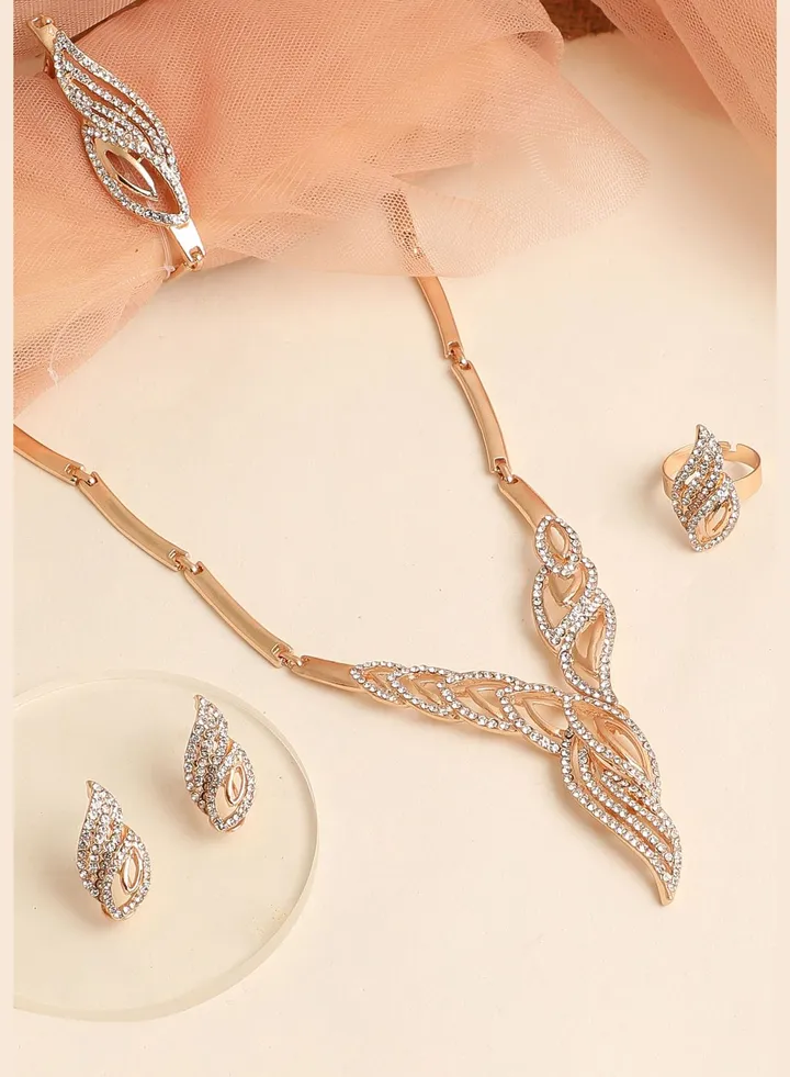 Gold Plated Designer Stone Necklace, Earring, Ring and Bracelet Set
