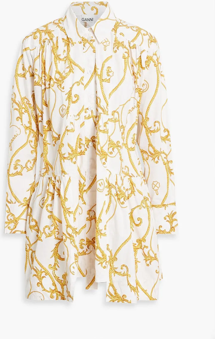 Gathered printed cotton-poplin mini shirt dress