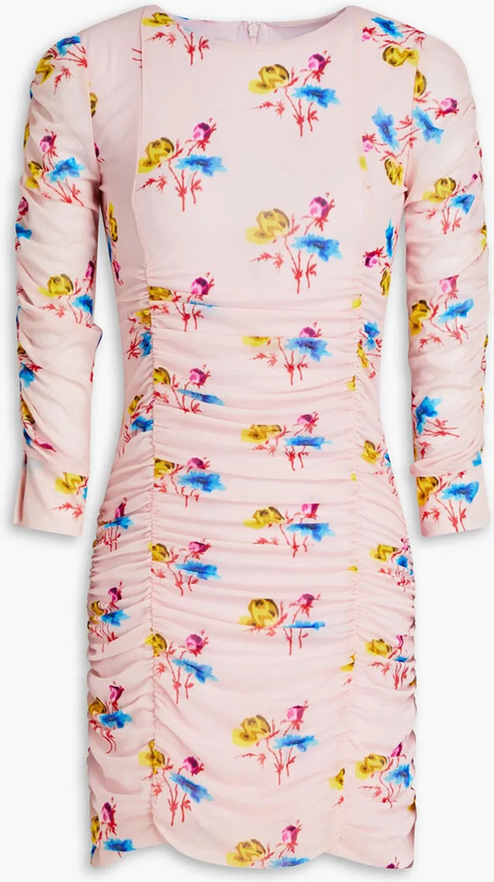Ruched floral-print stretch-mesh mini dress