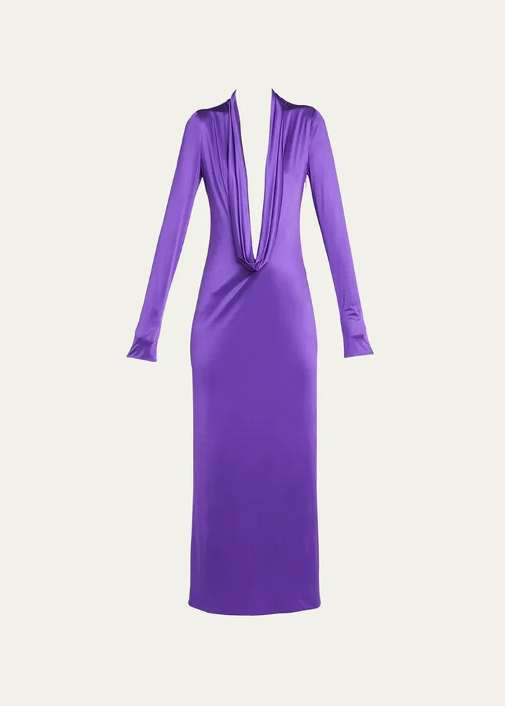 Draped Plunge Long Cocktail Dress