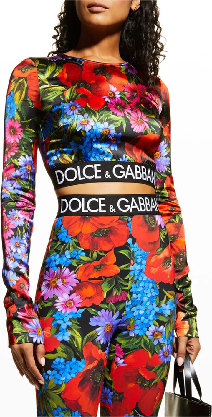 Floral Long-Sleeve Branded Crop Top