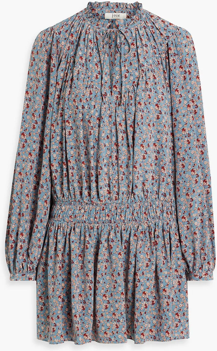 Essex shirred floral-print silk crepe de chine mini dress