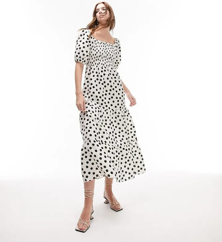 Topshop shirred midi dress in mono spot