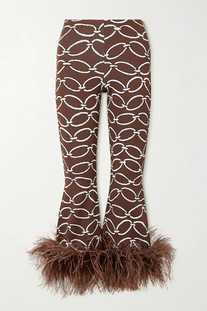 Valentino Garavani - Cropped Feather-trimmed Stretch Jacquard-knit Pants - Brown