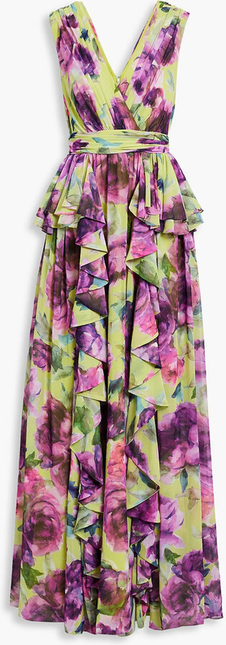 Ruffled floral-print crepe gown