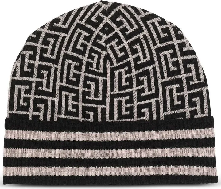 Black Monogram Wool Beanie Hat