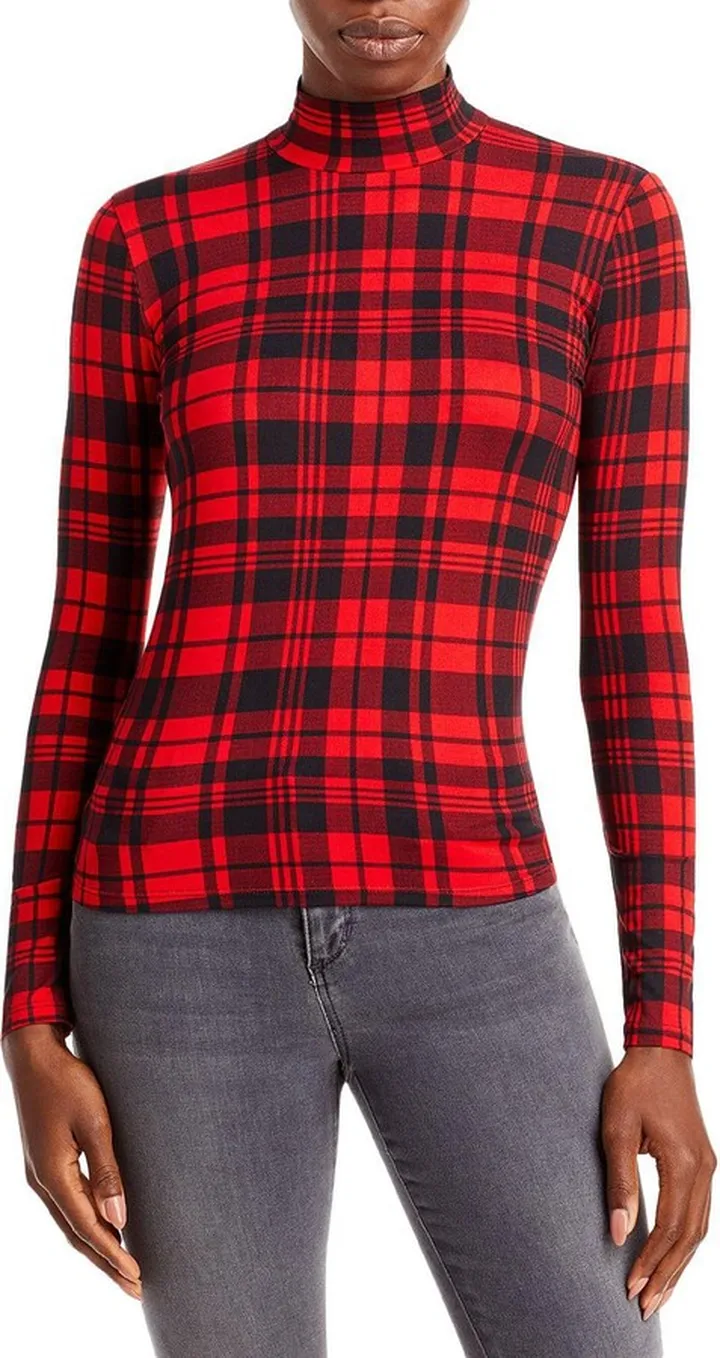 Womens Plaid Pullover Turtleneck Top