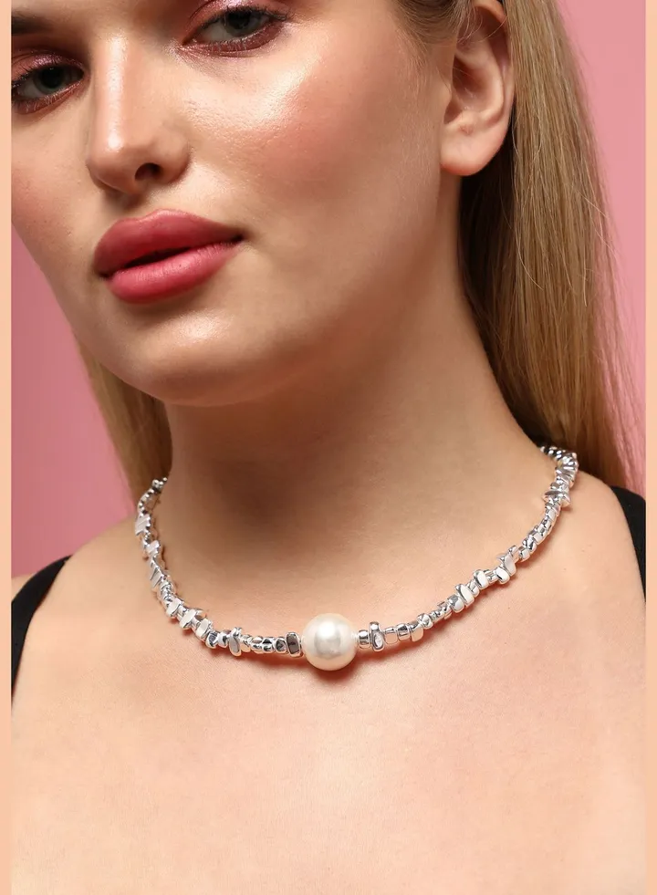Silver Plated Pearls Western Wear Choker Necklace For Women