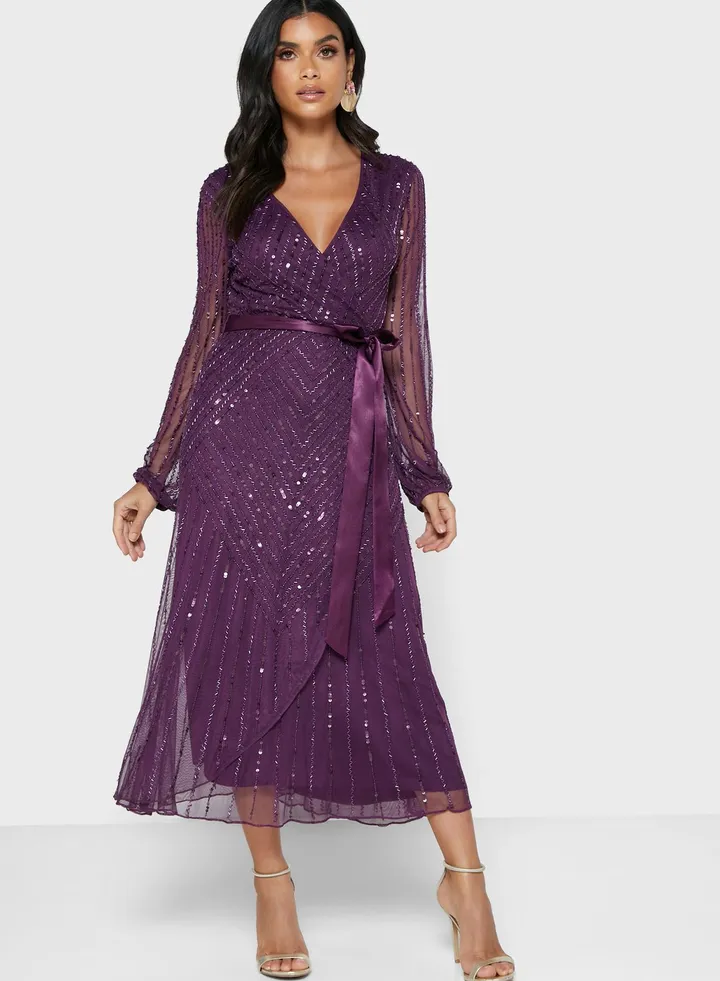 Mesh Sleeve Wrap Front Embellished Dress