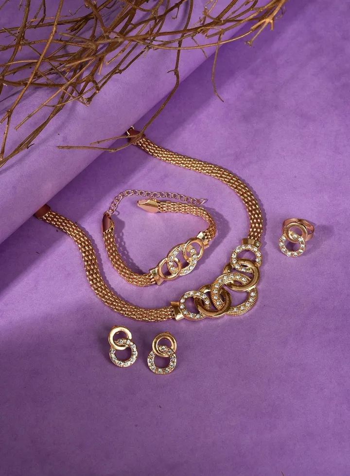Gold Plated Designer Stone Necklace, Earrings, Bracelet and Ring Set