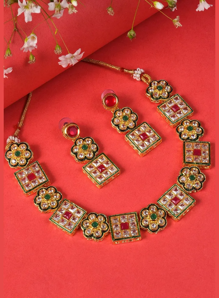 Gold Plated Designer Stone Necklace and Earrings Set