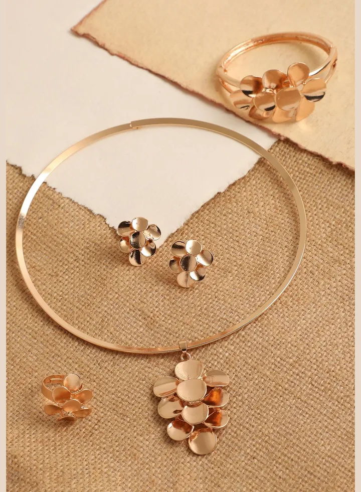 Gold Plated Designer Stone Necklace, Earring, Ring and Bracelet Set