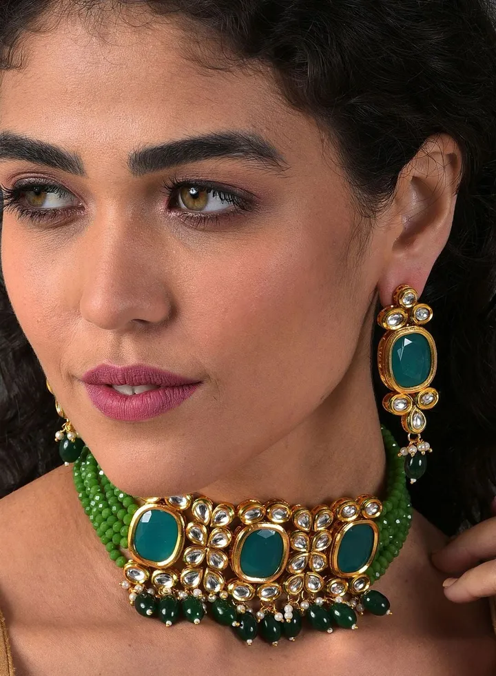 Gold Plated Kundan & Beads Necklace and Earrings Set