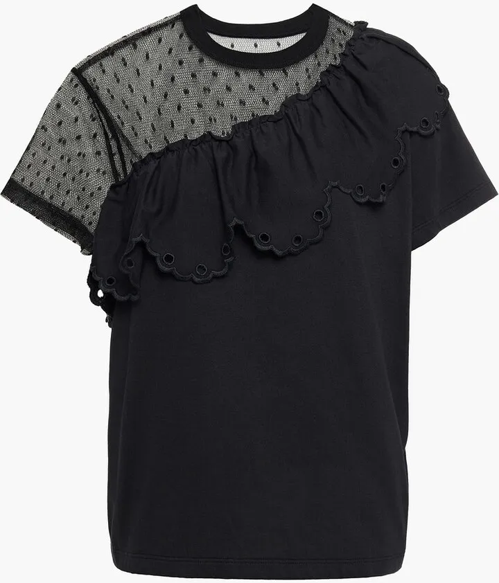 Ruffled point d'esprit-paneled cotton-jersey T-shirt