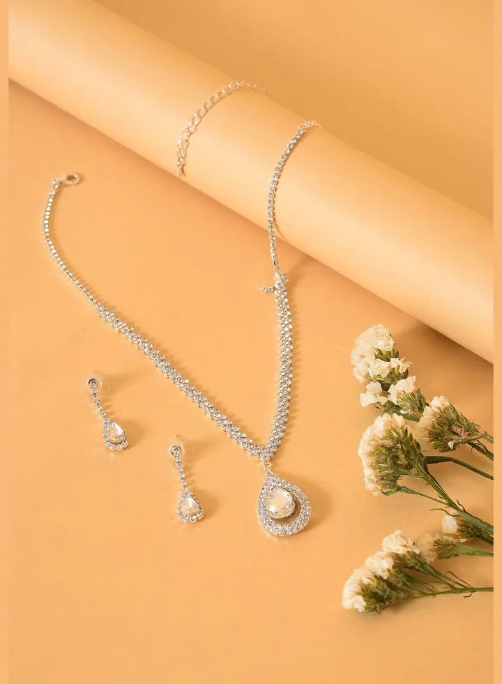 Pack of 3 Silver Plated American Diamond Necklace and Earring Set