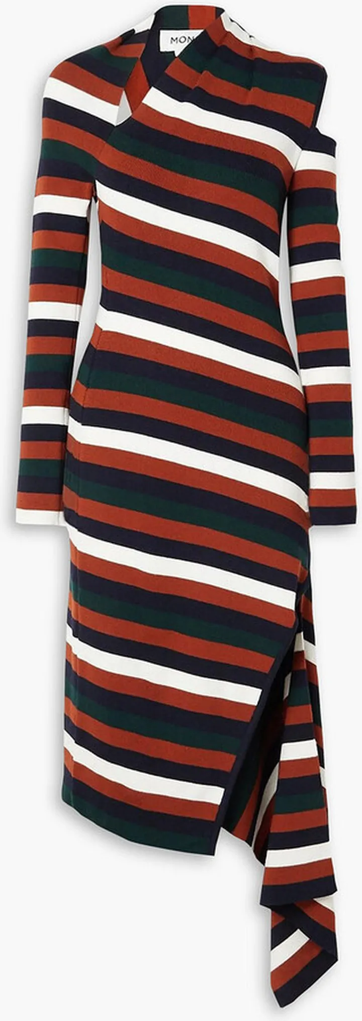 Asymmetric cutout striped wool-blend midi dress