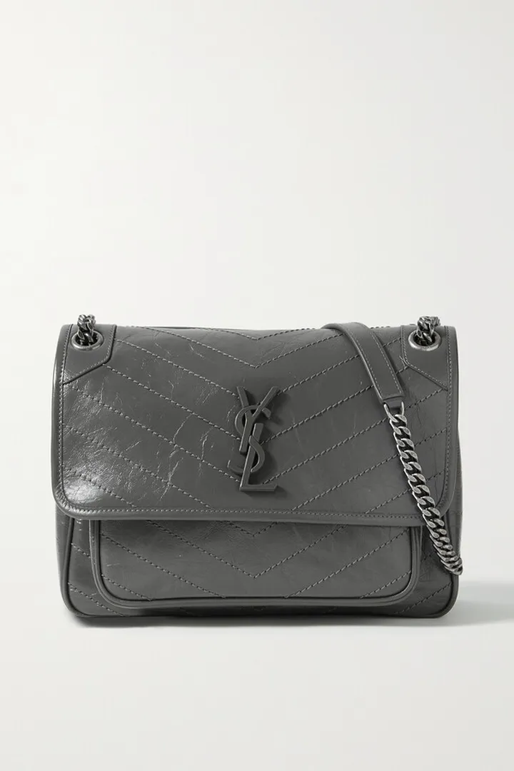 SAINT LAURENT - Niki Medium Crinkled Glossed-leather Shoulder Bag - Gray