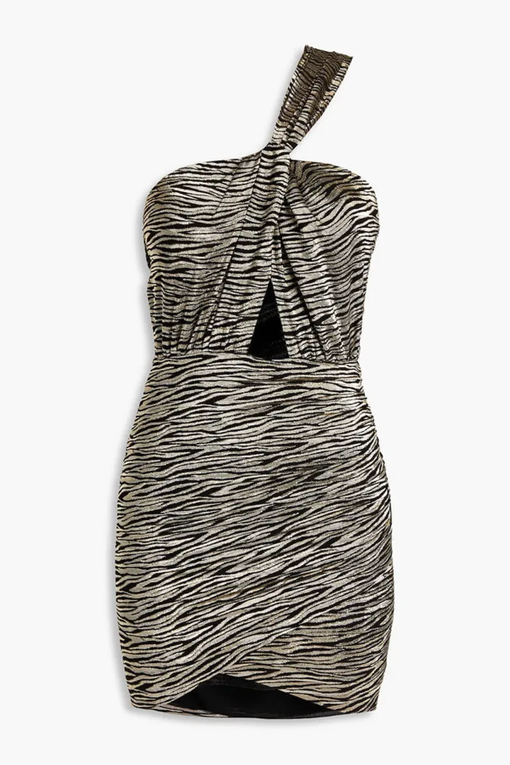One-shoulder metallic tiger-print silk-blend chiffon mini dress