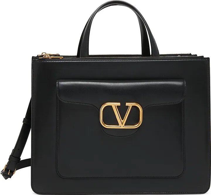Leather V-Logo Briefcase