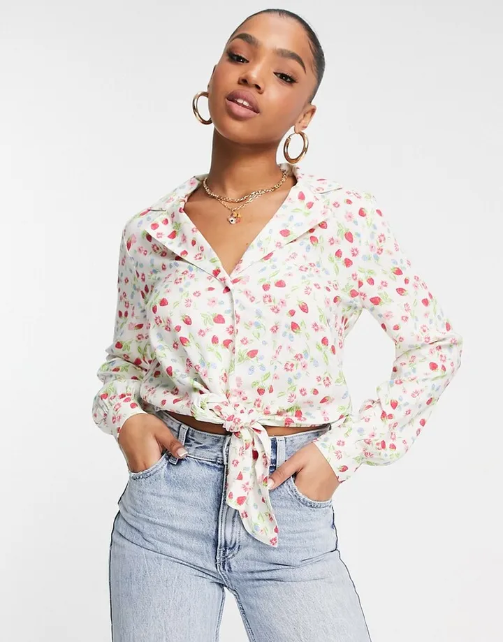 Miss Selfridge tie front shirt in fruit print