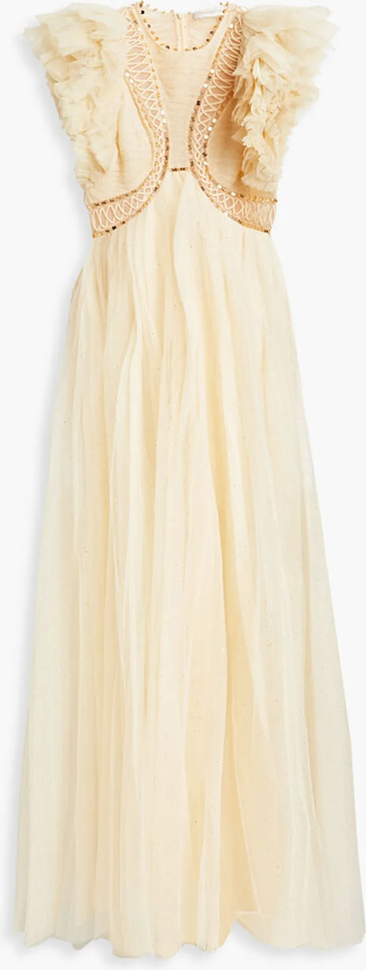 Bead-embellished glittered tulle maxi dress