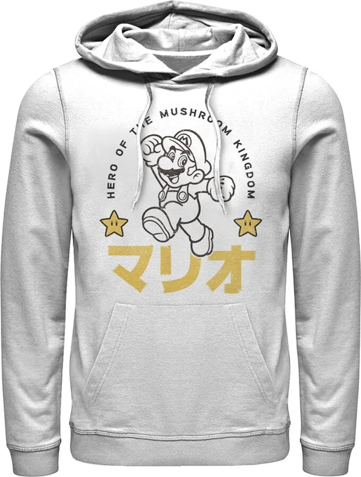 Men's Nintendo Super Mario Mushroom Kingdom Kanji Stars Pull Over Hoodie - White - Small