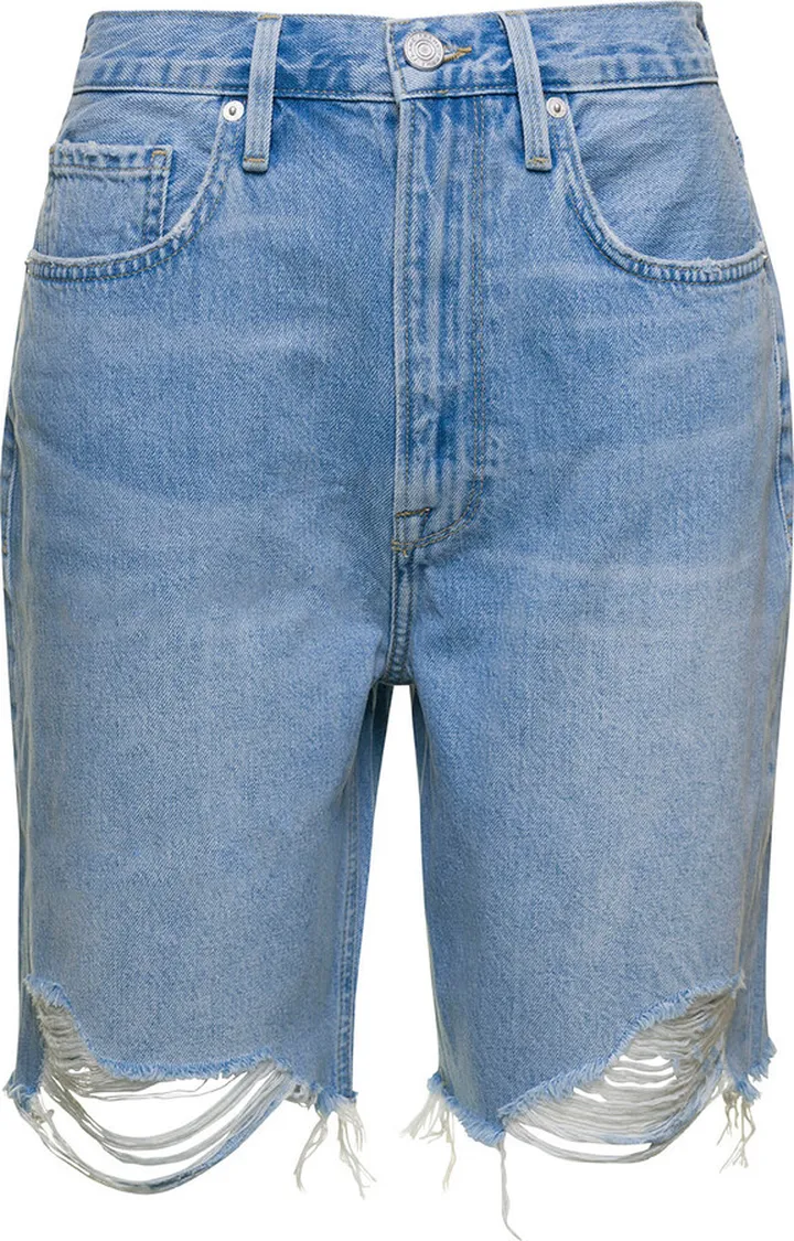 Light Blue High-waisted Bermuda Shorts With Raw Edge In Cotton Denim Woman