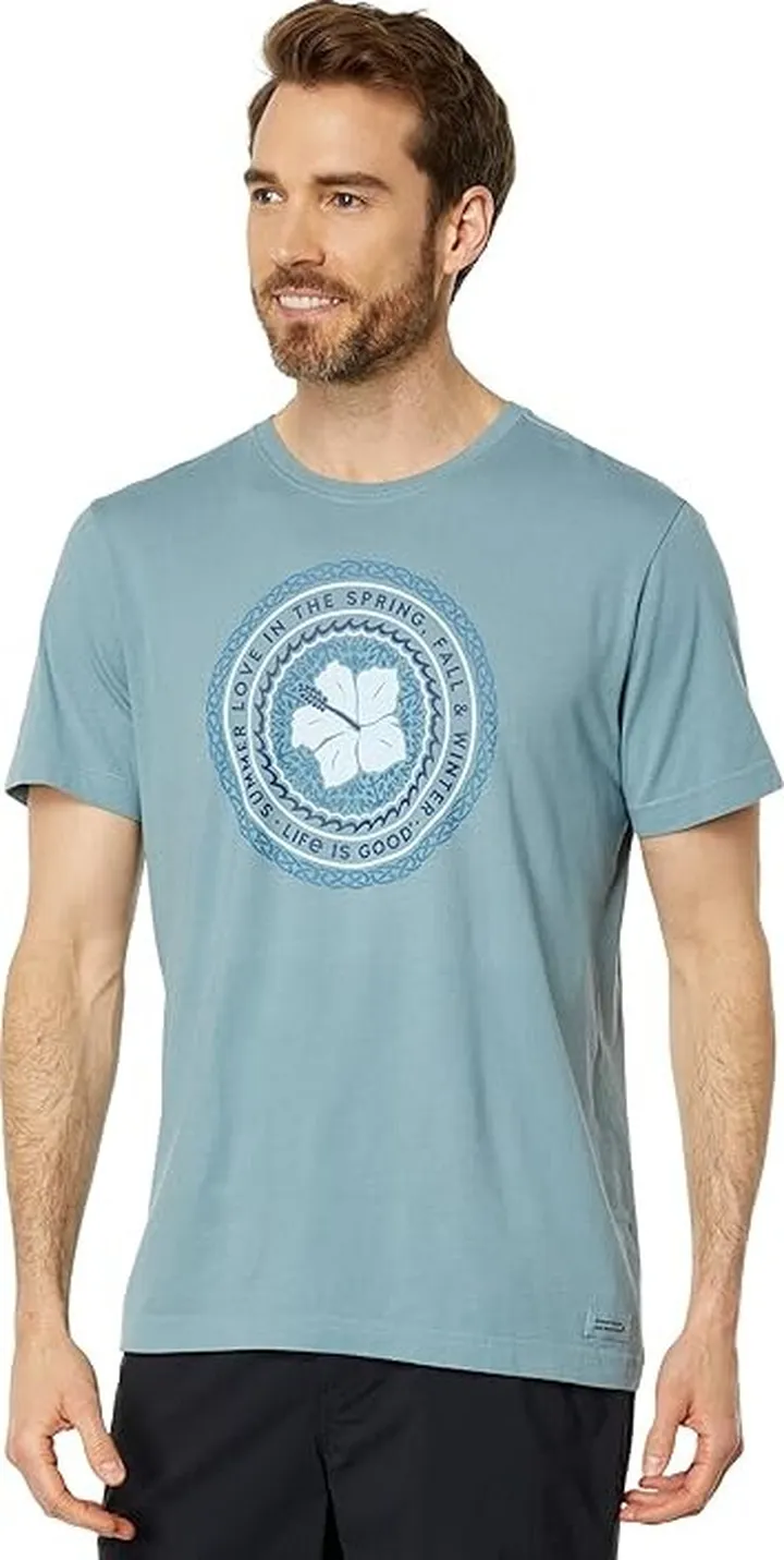 Life is Good Summer Love Hibiscus Short Sleeve Crusher-Lite Tee (Smoky Blue) Men's T Shirt