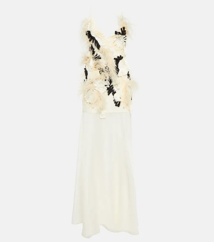 Feather-trimmed embroidered gown