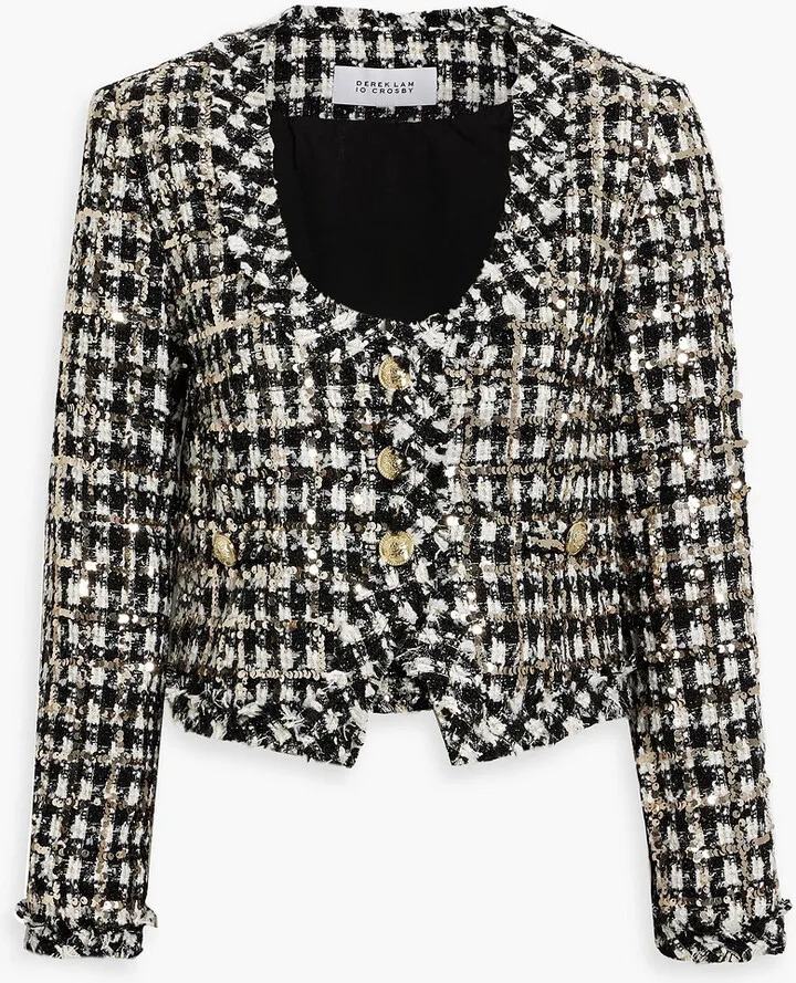 Cropped sequin-embellished metallic bouclé-tweed blazer