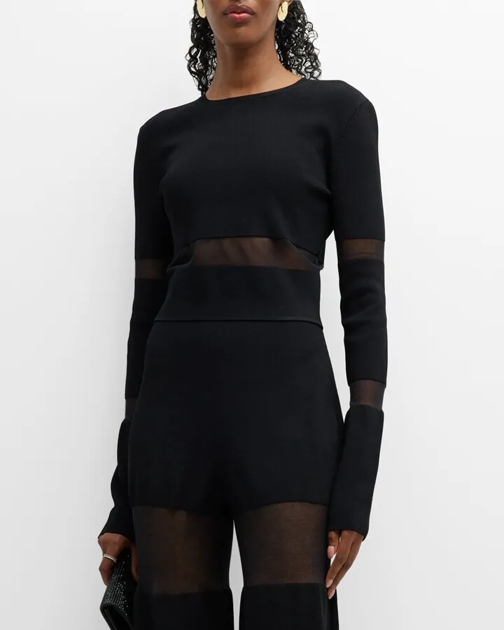 Sheer Stripe-Paneled Crop Top
