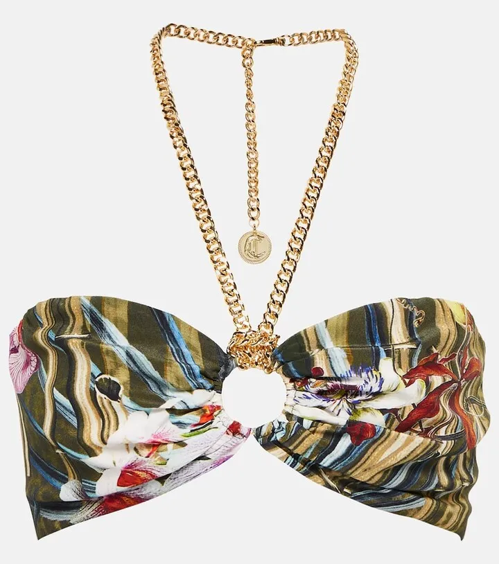 Chain halterneck silk bandeau bra