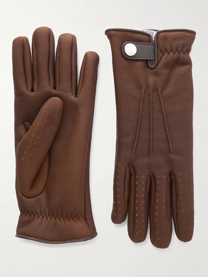 Leather-Trimmed Shearling Gloves