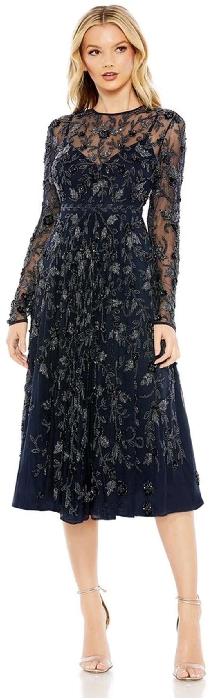 Beaded Illusion High Neck Long Sleeve A Line Gown
