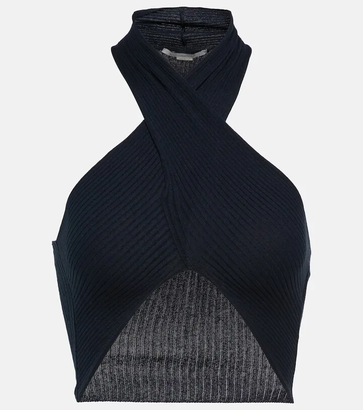 Ribbed-knit cropped halter top