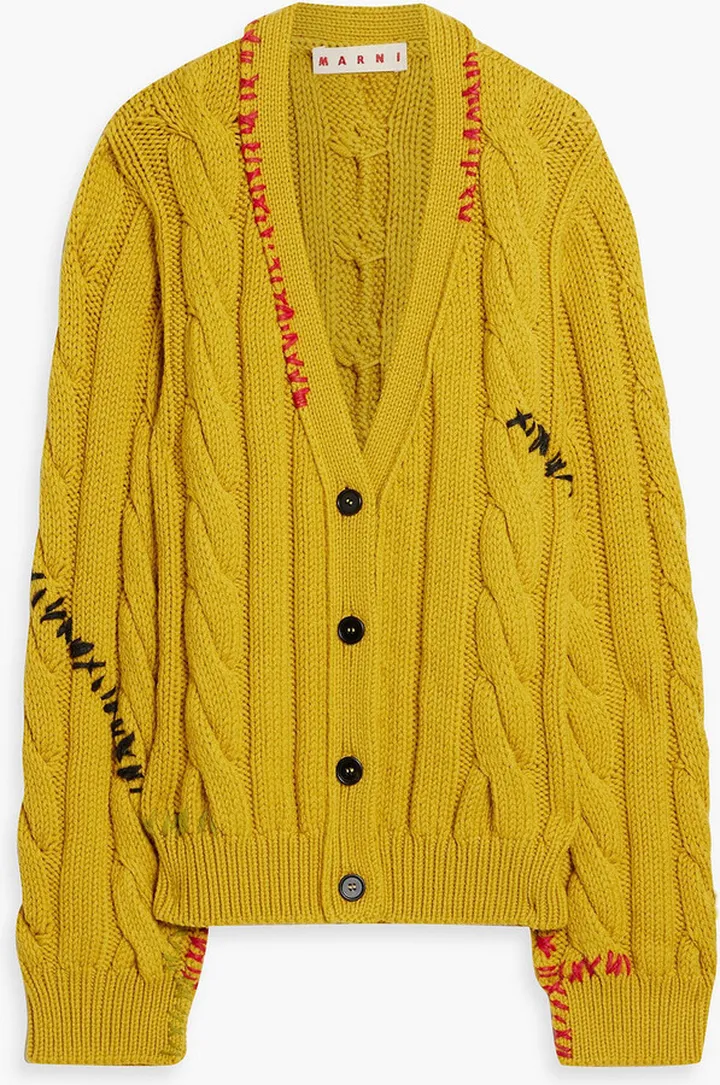Embroidered cable-knit wool cardigan